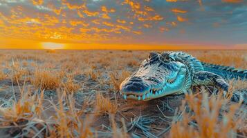A close-up of a crocodile resting in golden grass at sunset, with vibrant clouds in the background photo