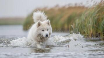Samoyed dog joyfully splashing through shallow water in a serene natural landscape photo