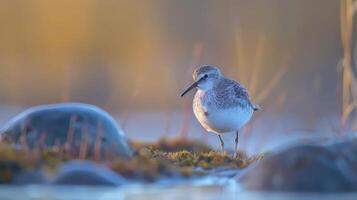 A solitary bird stands on a mossy rock at sunrise, surrounded by soft, colorful natural scenery photo