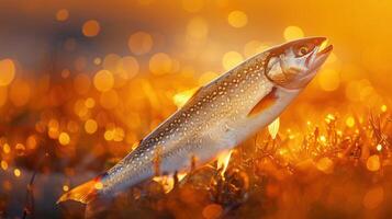A shimmering trout resting on golden grass, illuminated by warm sunlight during sunset photo