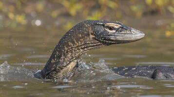 A close-up of a swimming monitor lizard in a serene wetland environment, showcasing its unique features photo