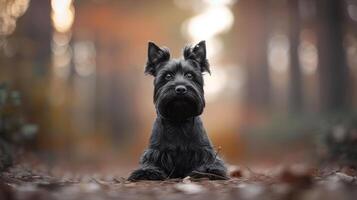 A black dog lying on a forest path surrounded by autumn foliage, showcasing serene nature photo
