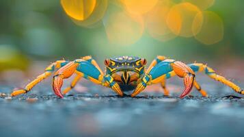 Colorful crab on a wet surface with blurred bokeh background, showcasing vibrant colors photo