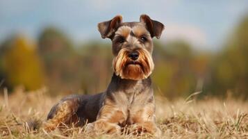 A playful dog resting on dry grass in a sunny park with vibrant trees in the background photo