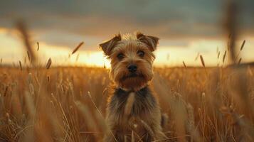 A small dog stands in a golden field at sunset, with a dramatic sky and distant hills visible photo