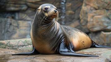 A serene sea lion lounging on a rocky surface with a waterfall backdrop in a tranquil setting photo