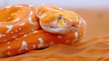 Close-up of a vibrant orange and white snake resting on sandy terrain in a serene desert setting photo