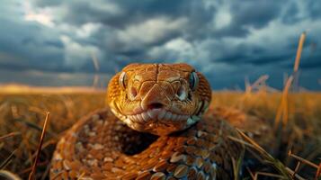 Close-up of a snake resting in a grassy field under a dramatic sky with storm clouds photo