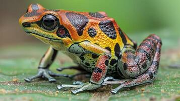 Colorful frogs resting on a leaf in a lush green environment, showcasing vibrant patterns and textures photo