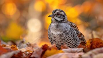 A close-up of a bird resting among colorful autumn leaves, with a blurred forest background photo