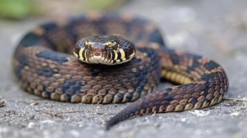 Close-up of a coiled snake resting on a textured surface in a natural outdoor setting photo