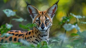 Close-up of a serval cat in a lush green habitat, showcasing its striking features and keen gaze photo