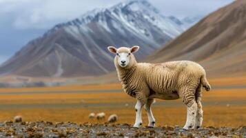A lone sheep stands in a vast, golden meadow with snow-capped mountains in the background photo