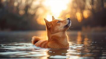 A serene dog swimming in calm water at sunset, surrounded by trees and soft golden light photo