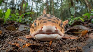 Close-up of a leopard shark resting on the forest floor, surrounded by lush greenery and soft soil photo
