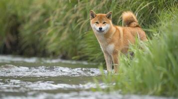 A Shiba Inu standing in a shallow stream surrounded by lush greenery and grass photo