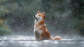 A Shiba Inu sitting serenely in the rain, surrounded by a misty forest backdrop, evoking tranquility photo