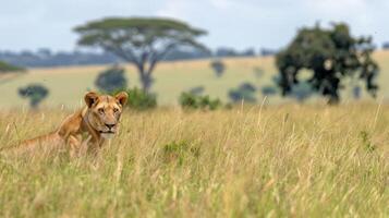 A lioness resting in tall grass on the savannah, with acacia trees in the background photo