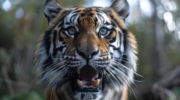 Close-up of a fierce tiger roaring in a lush forest setting with blurred background elements photo
