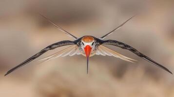 A striking bird in mid-flight showcasing its vibrant colors against a blurred natural backdrop photo