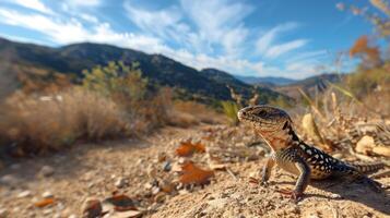 Colorful lizard basking on a rocky path with scenic mountains and blue sky in background photo