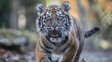 A fierce tiger charges forward through a blurred forest, showcasing its powerful presence and agility photo