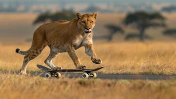 A lioness skillfully skateboarding across a golden savannah with distant trees in the background photo