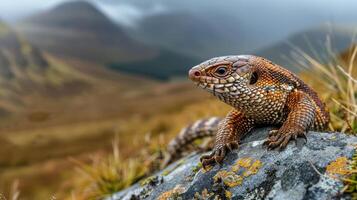 A close-up of a lizard perched on a rock with a misty mountainous landscape in the background photo