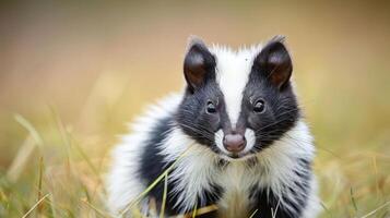 Close-up of a curious skunk in a grassy field during a serene afternoon, showcasing its playful demeanor photo