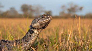 Close-up of a snake in a grassy field under a clear sky, showcasing its unique features and habitat photo