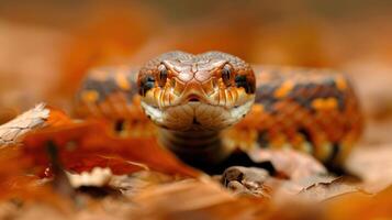 Close-up of a vibrant snake resting on autumn leaves in a serene forest setting photo