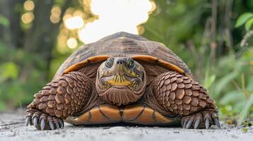 Close-up of a turtle on a sandy path surrounded by lush greenery and soft sunlight photo