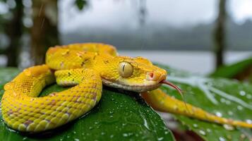 Vibrant yellow snake resting on a wet green leaf in a lush rainforest setting with mist photo