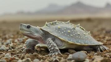 A close-up of a unique turtle on a rocky beach with mountains in the background, showcasing nature photo