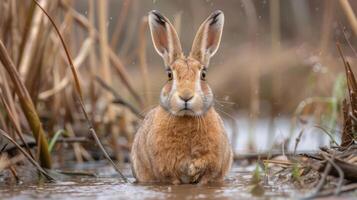 A serene brown rabbit sitting in shallow water surrounded by tall grasses and reeds photo