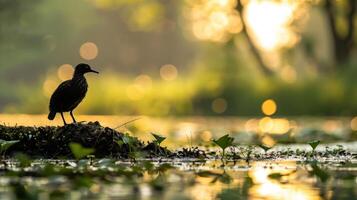 Silhouette of a bird perched on a mossy rock by a serene water body at sunset, with bokeh lights photo