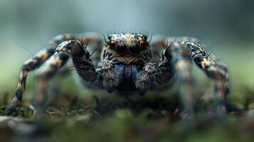 Close-up of a detailed spider on a mossy surface in a blurred natural background photo