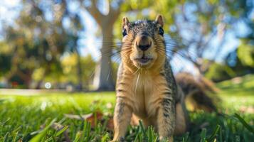 Close-up of a curious squirrel in a park, surrounded by green grass and trees, enjoying nature photo