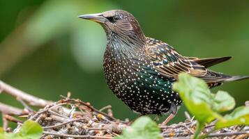A close-up of a starling perched on a nest surrounded by green foliage in a serene environment photo