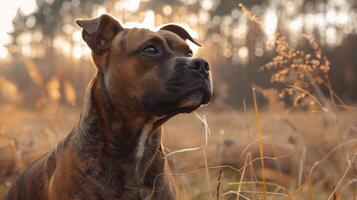 A close-up of a dog in a golden field during sunset, surrounded by soft grass and warm light photo