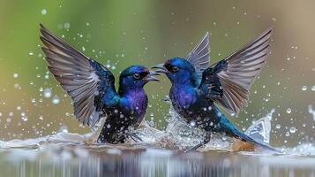Two vibrant birds engage in a dynamic splash fight in a serene natural setting photo