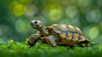 A tortoise gracefully traversing lush greenery, surrounded by soft bokeh in a tranquil setting photo