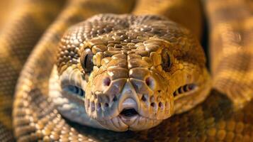 Close-up of a vibrant snake resting on a warm surface, showcasing intricate scales and textures photo