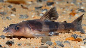A close-up view of a fish resting on sandy ocean floor surrounded by pebbles and aquatic life photo
