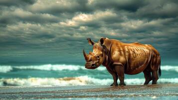 Majestic rhinoceros standing on a beach with turbulent waves and dramatic clouds overhead photo