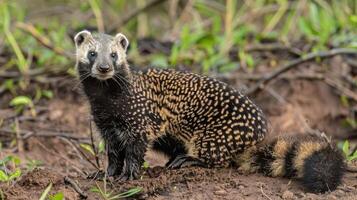 Spotted animal in natural habitat, showcasing unique patterns against a blurred background photo