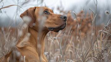 A close-up of a brown dog sitting gracefully in a frosty field, with soft, blurred background elements photo