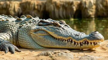 A close-up of a resting crocodile on sandy shore by a tranquil water body, with rocky background photo