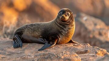 A serene sea lion lounging on a sunlit rocky shore, with gentle waves in the background photo