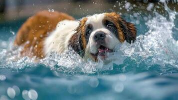 Playful Saint Bernard dog swimming joyfully in a pool with splashes in the background photo